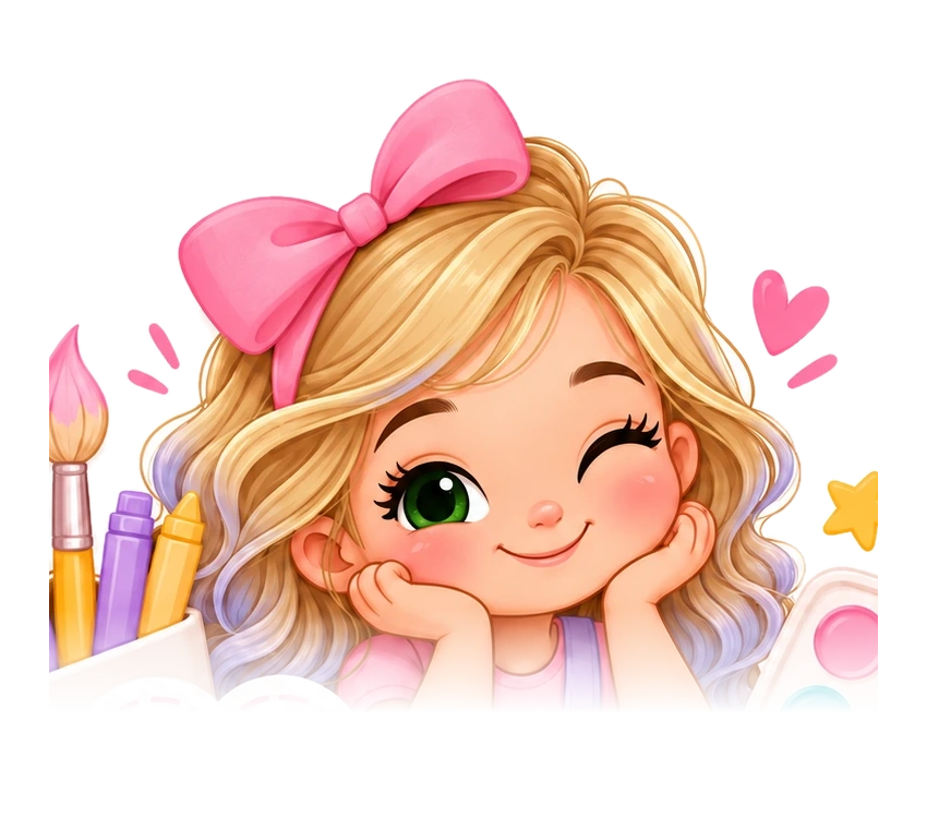 Avatar ilustrado da Maria com cabelo loiro, olhos verdes, mechas suaves lilás-azuladas nas pontas e laço rosa