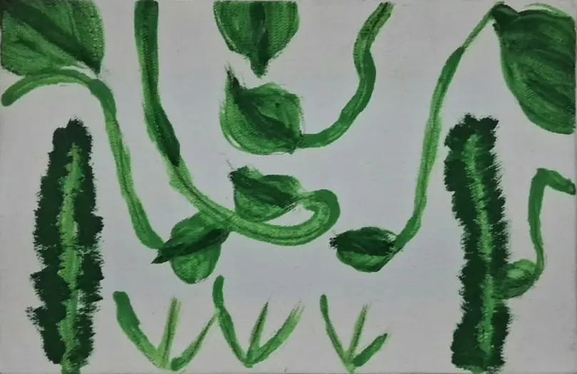 Folhas, caules e formas vegetais pintados em diferentes verdes.