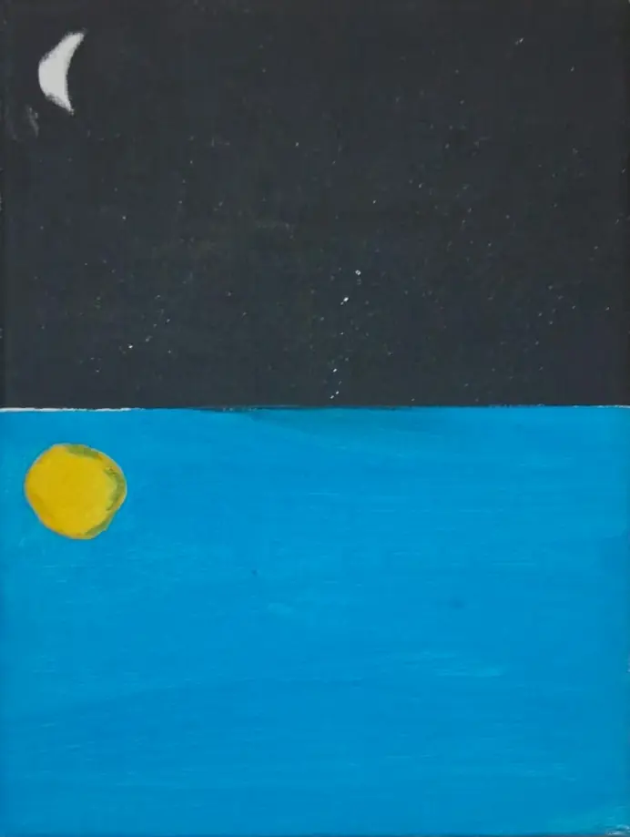 Tela vertical dividida entre preto e azul, com lua branca e sol amarelo.
